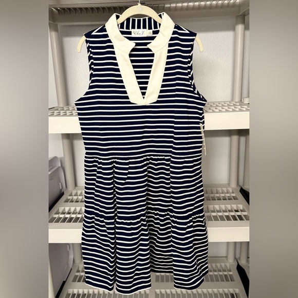 Eliza J Dresses & Skirts - NWT ELIZA J Womens V Neck Striped‎ Sleeveless Tiered Dress Navy and White Size L